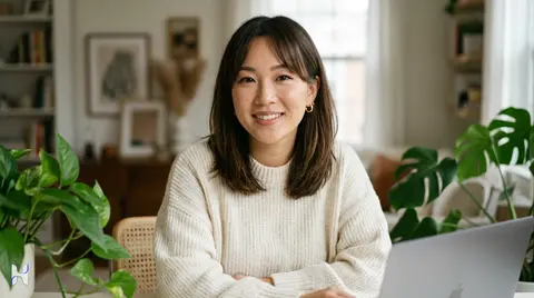 Consistent AI character smiling in a bright living room