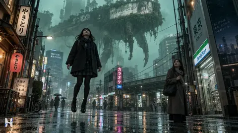 AI-directed short film scene: a girl floating in a rainy Tokyo street