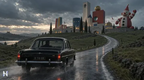 AI-generated retro car on a rainy road toward a whimsical castle