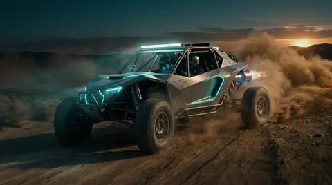 AI-generated video still of a futuristic buggy drifting in the desert