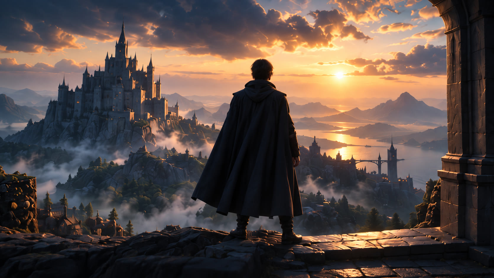 Figura encapuchada ante un castillo de fantasía al atardecer