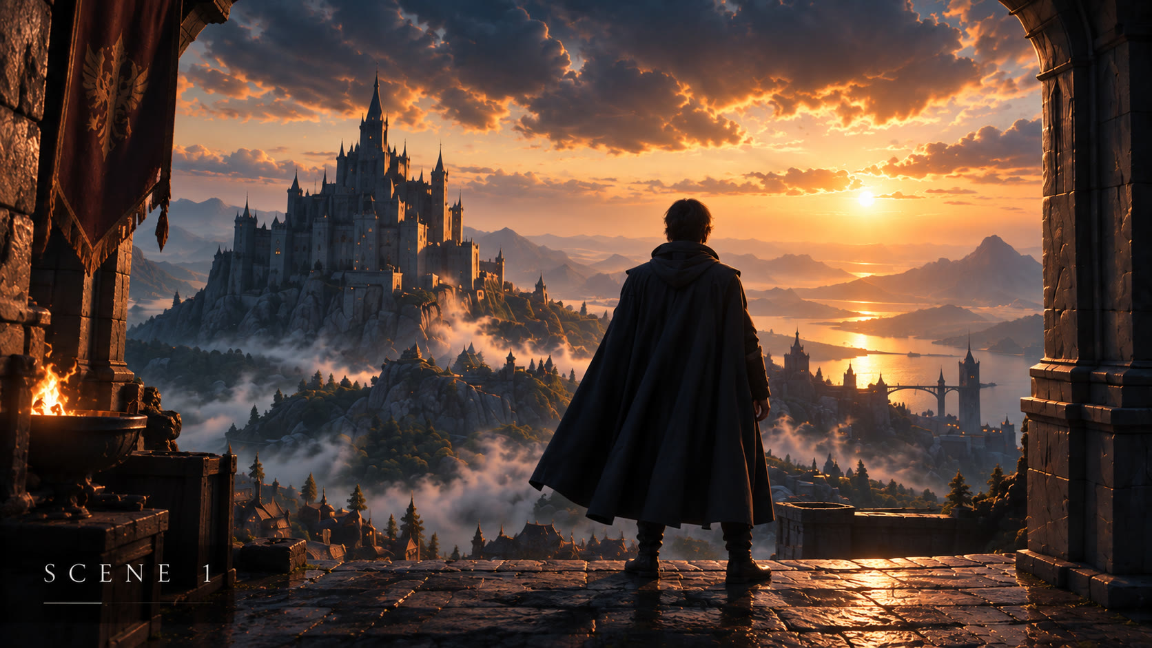 Figura encapuchada ante un castillo de fantasía al atardecer