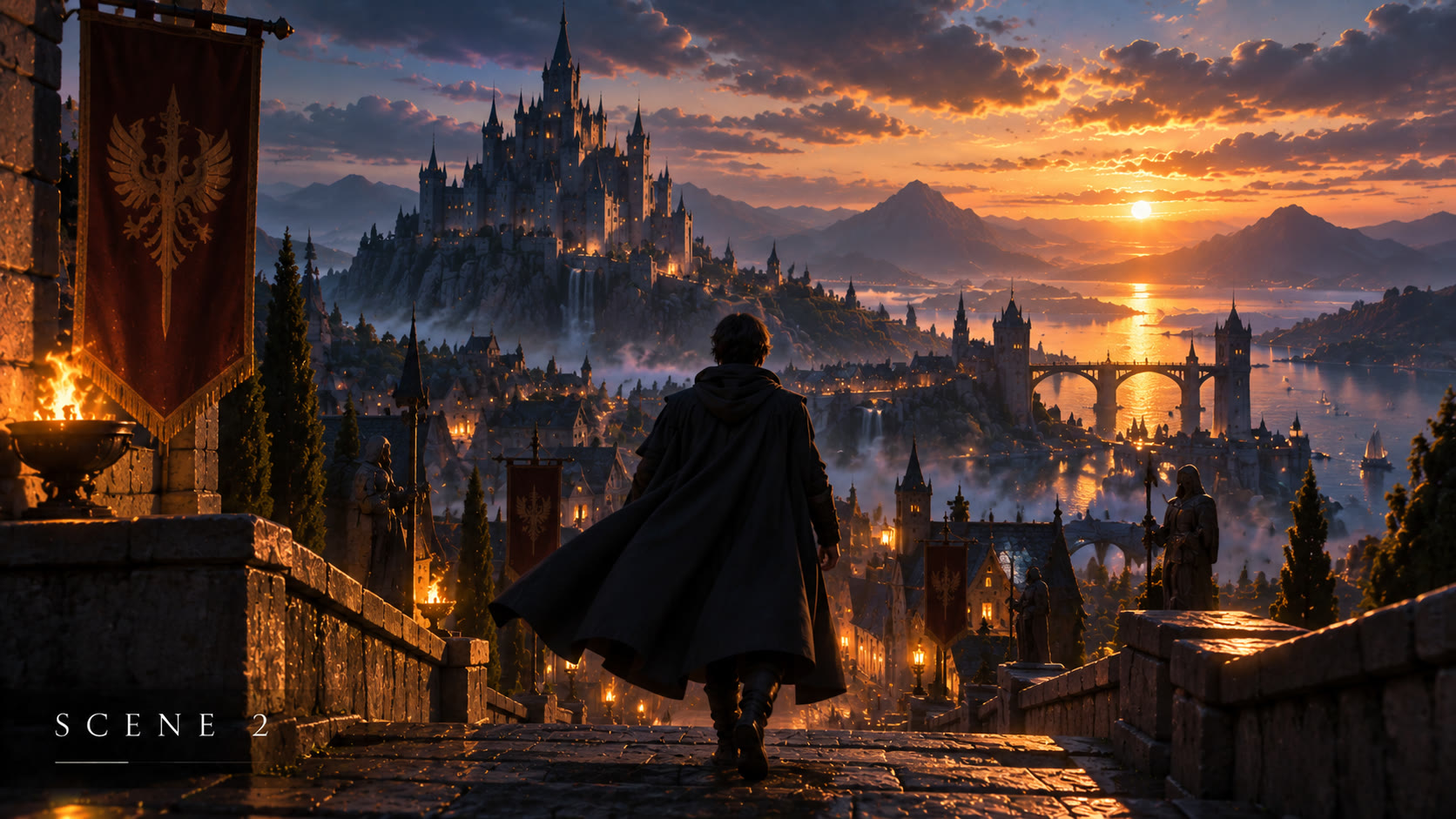 Viajero encapuchado descendiendo hacia una ciudad-castillo al atardecer