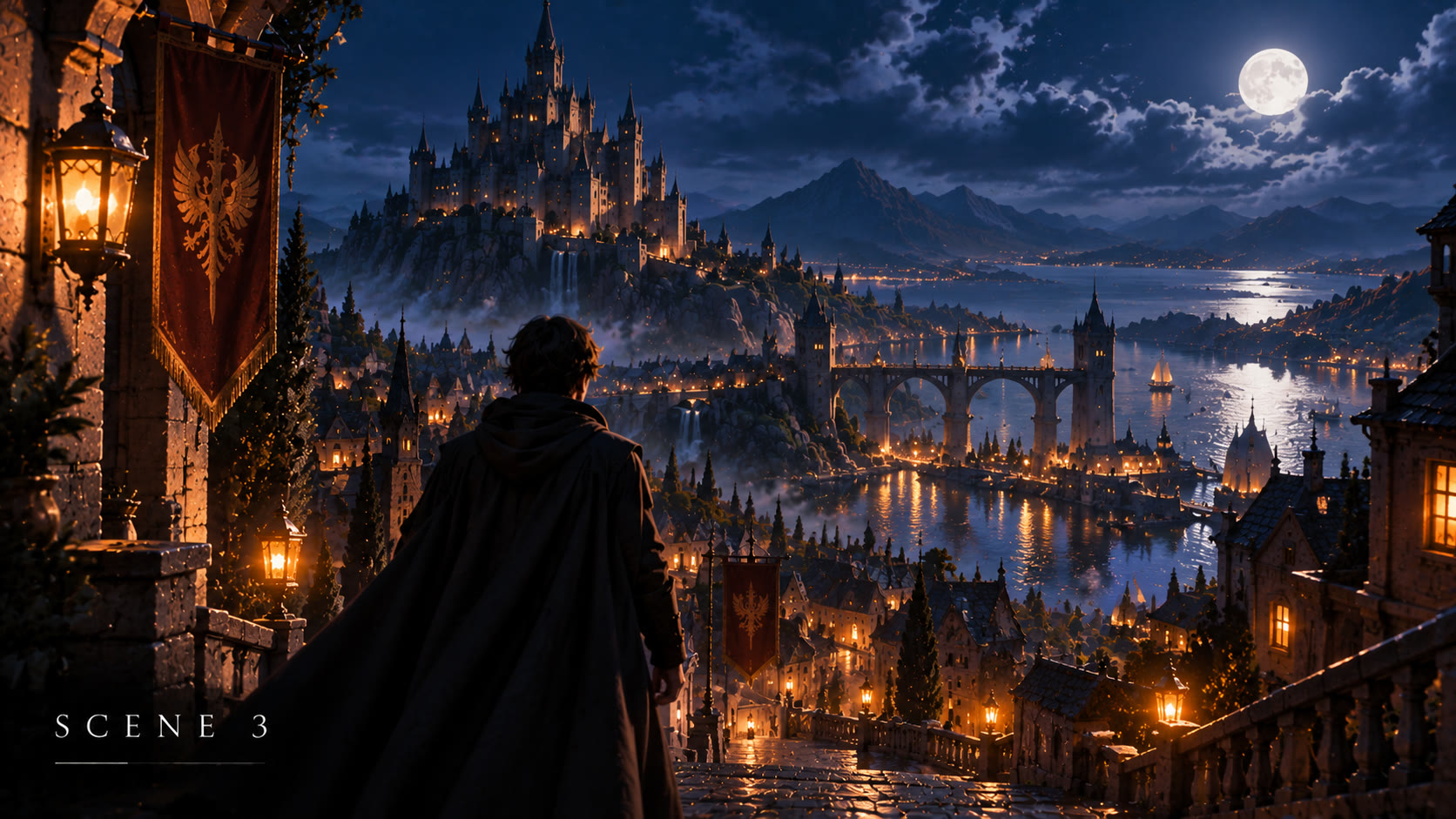 Figura encapuchada ante una ciudad de fantasía iluminada de noche